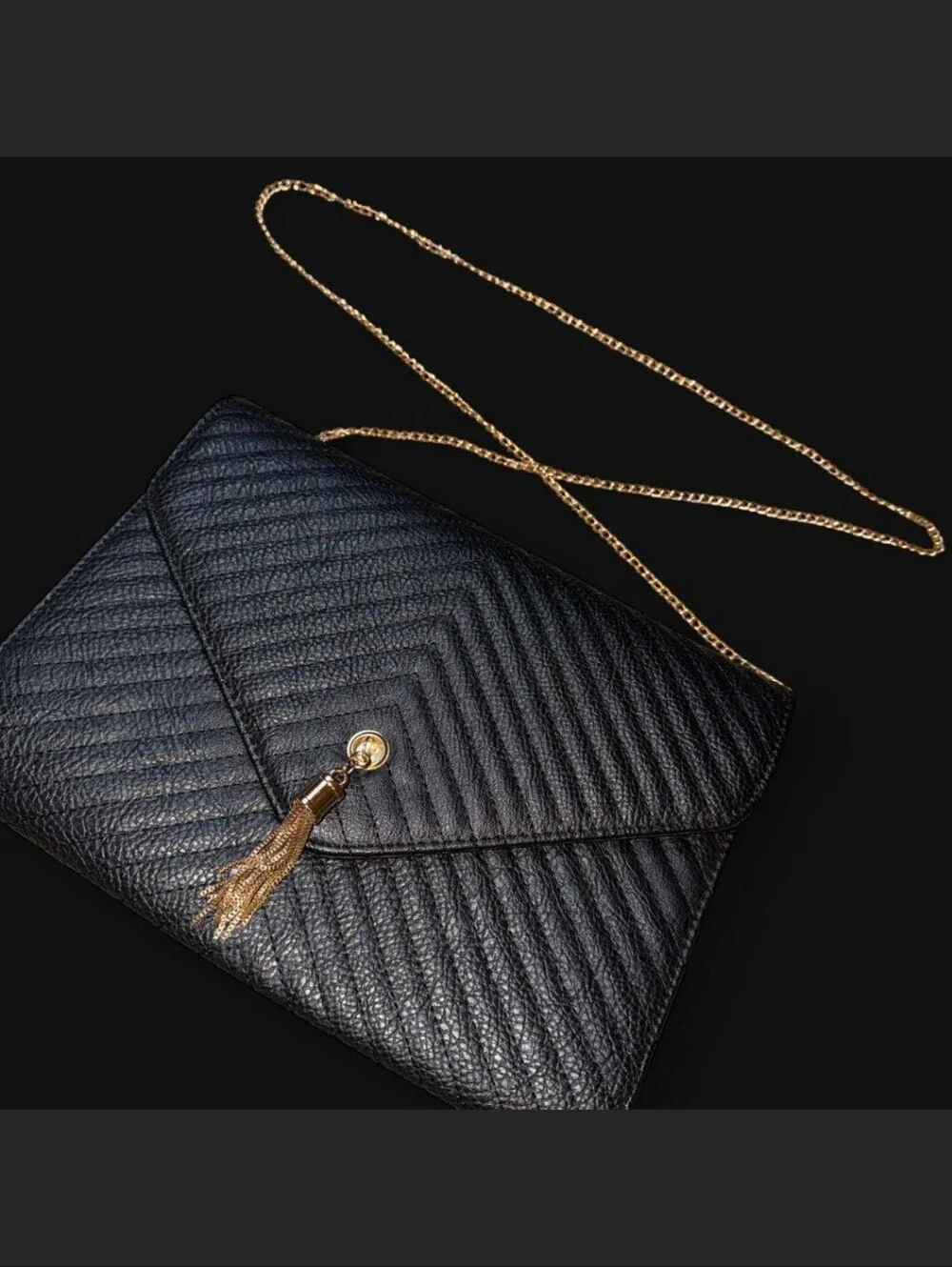 Black Quilted Envelope Crossbody Bag with Gold Chain and Tassel 8 x 11